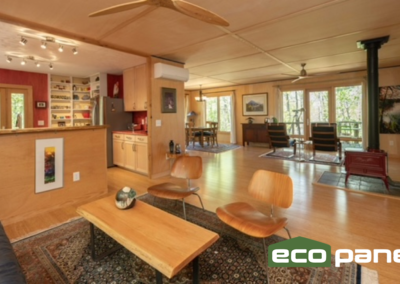 View of living area with much open space and finished all in wood, no sheetrock!