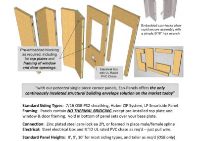 Standard Siding Types: 7/16 OSB PS2 sheathing, Huber ZIP System, LP Smartside PanelFraming: Panels contain NO THERMAL BRIDGING except pre-installed top plate and window & door framing. Void in bottom of panel sets over your base plate. Connection: Zinc plated steel cam-lock ea 2ft, or foamed in place male/female spline Electrical: Steel electrical box and 3⁄4”ID UL rated PVC chase as req’d – just pull wire. Standard Panel Heights: 8’, 9’, 10’ for most siding types, and taller as req’d (OSB only) Standard Panel Widths: 48” max, with custom widths available down to 8” wide Standard Panel Thicknesses: 4.5”/114mm (R26) & 6.5”/165mm (R40), thicker avail. Insulation: Closed cell durable polyurethane foam injected to 2.5 lbs/cuft. Styrene free. Eco-Panels foam core has zero ODP and < 1 GWP – compliant with CA clean air standards. Insulation Flammability Rating: Class 1 – “Flame Retardant” – flame/smoke 20/200. Panel Insulation Value: 4.5” / 114mm panel ~ R26, weight approx 4 lbs/sqft; 6.5” / 165mm panel ~ R40, weight approx 4.7 lbs/sqft. Structural Panels: Tested to ASTM E72-98 for Compressive, Racking and Transverse